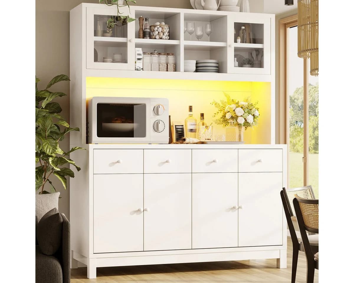 Odikalo Küchenbuffet mit App-LED, Glastüren & 4 Schubladen, Weiß - Bild 2