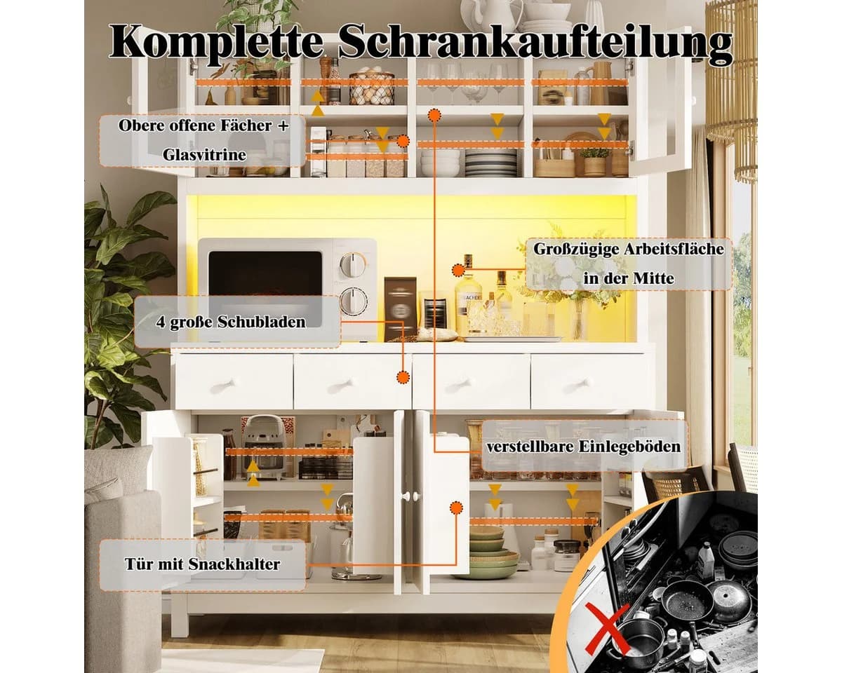 Odikalo Küchenbuffet mit App-LED, Glastüren & 4 Schubladen, Weiß - Bild 3