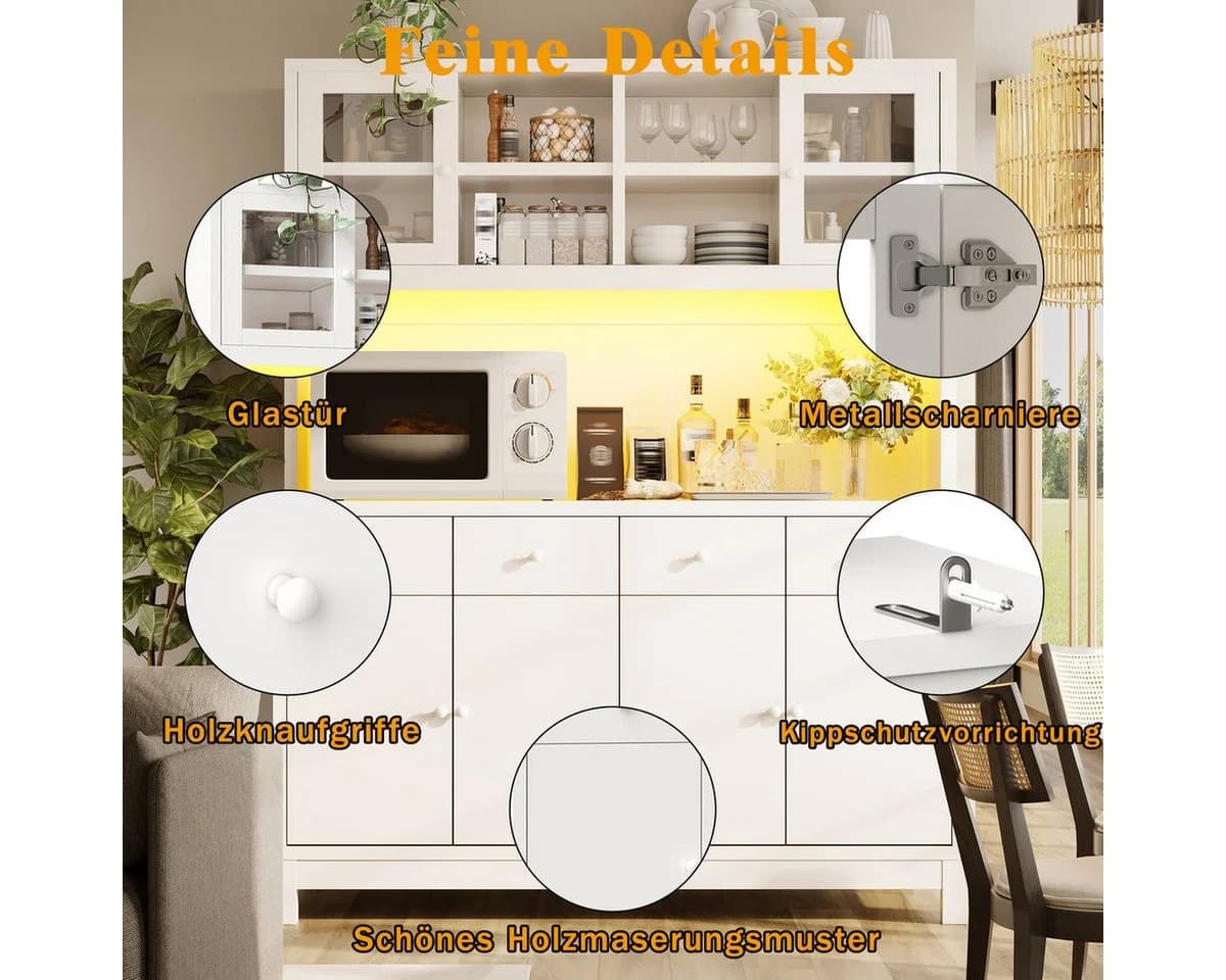 Odikalo Küchenbuffet mit App-LED, Glastüren & 4 Schubladen, Weiß - Bild 4