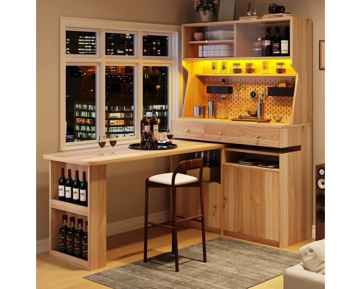 Odikalo Küchenbuffet mit Schreibtisch & LED-Beleuchtung Braun - Bild 2