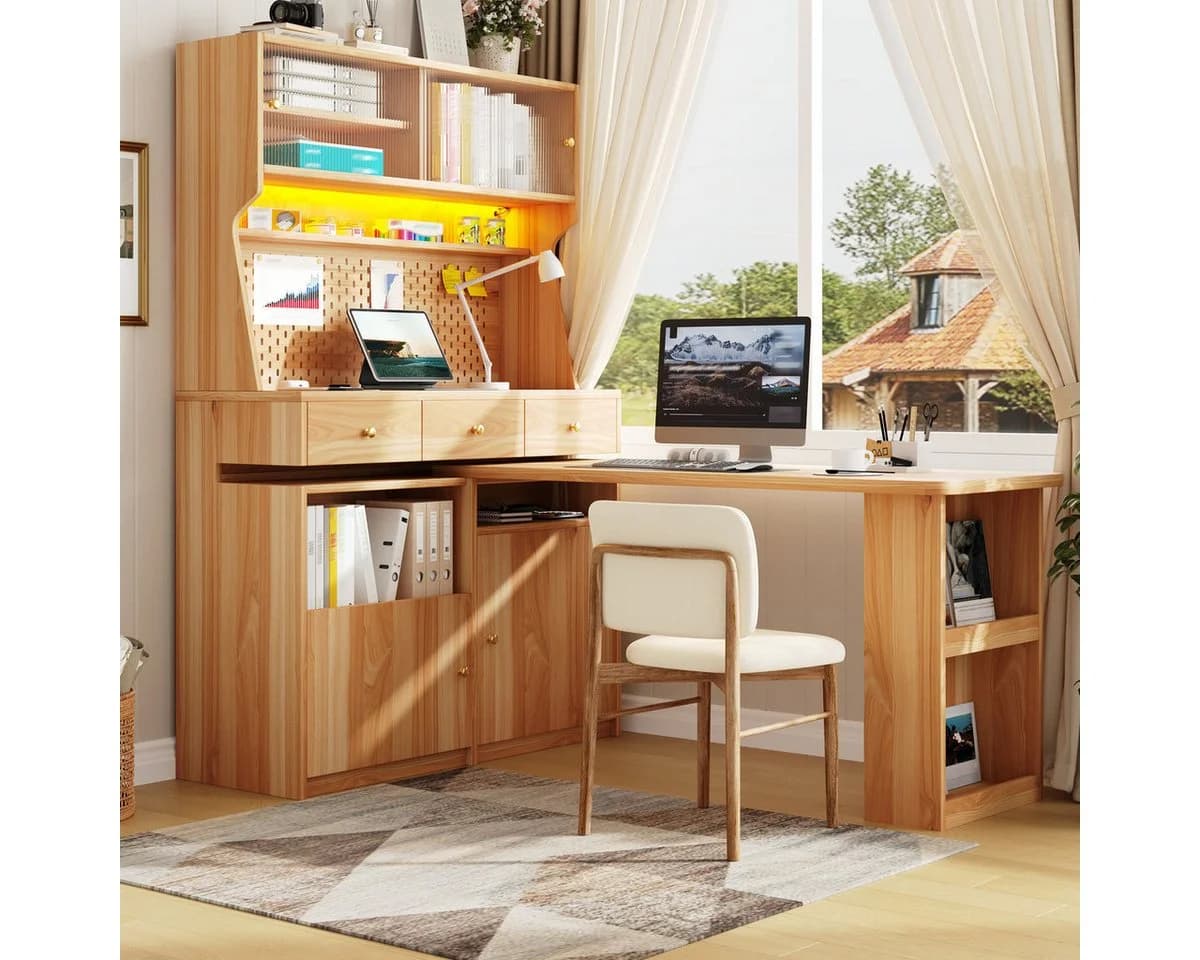 Odikalo Küchenbuffet mit Schreibtisch & LED-Beleuchtung Braun - Bild 3