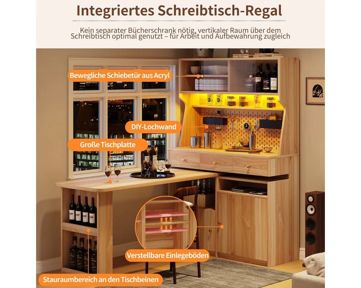 Odikalo Küchenbuffet mit Schreibtisch & LED-Beleuchtung Braun - Bild 4