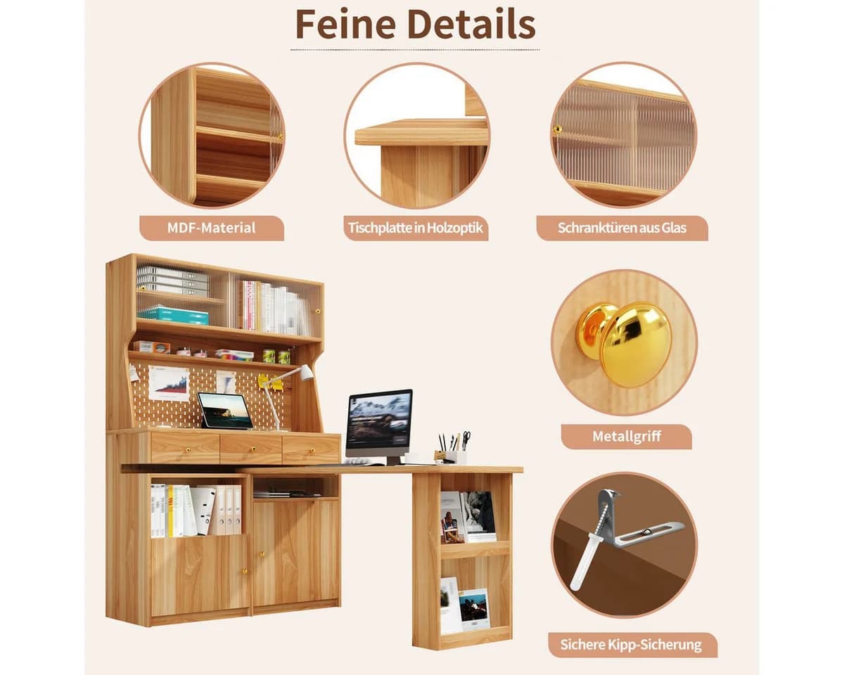 Odikalo Küchenbuffet mit Schreibtisch & LED-Beleuchtung Braun - Bild 5