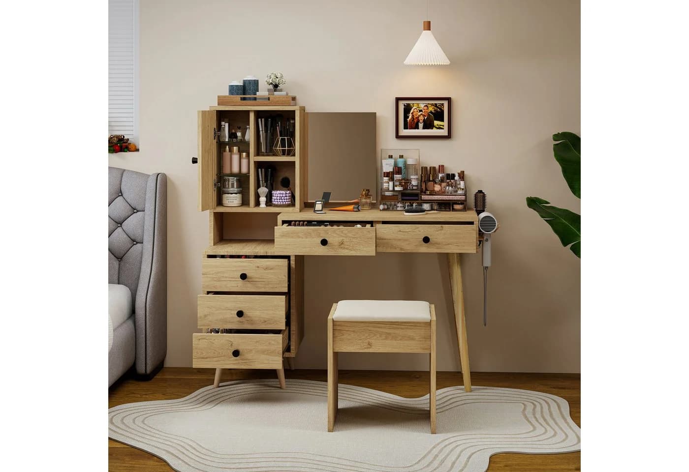 LANKI Schminktisch mit Spiegel & 5 Schubladen Beige - Bild 2
