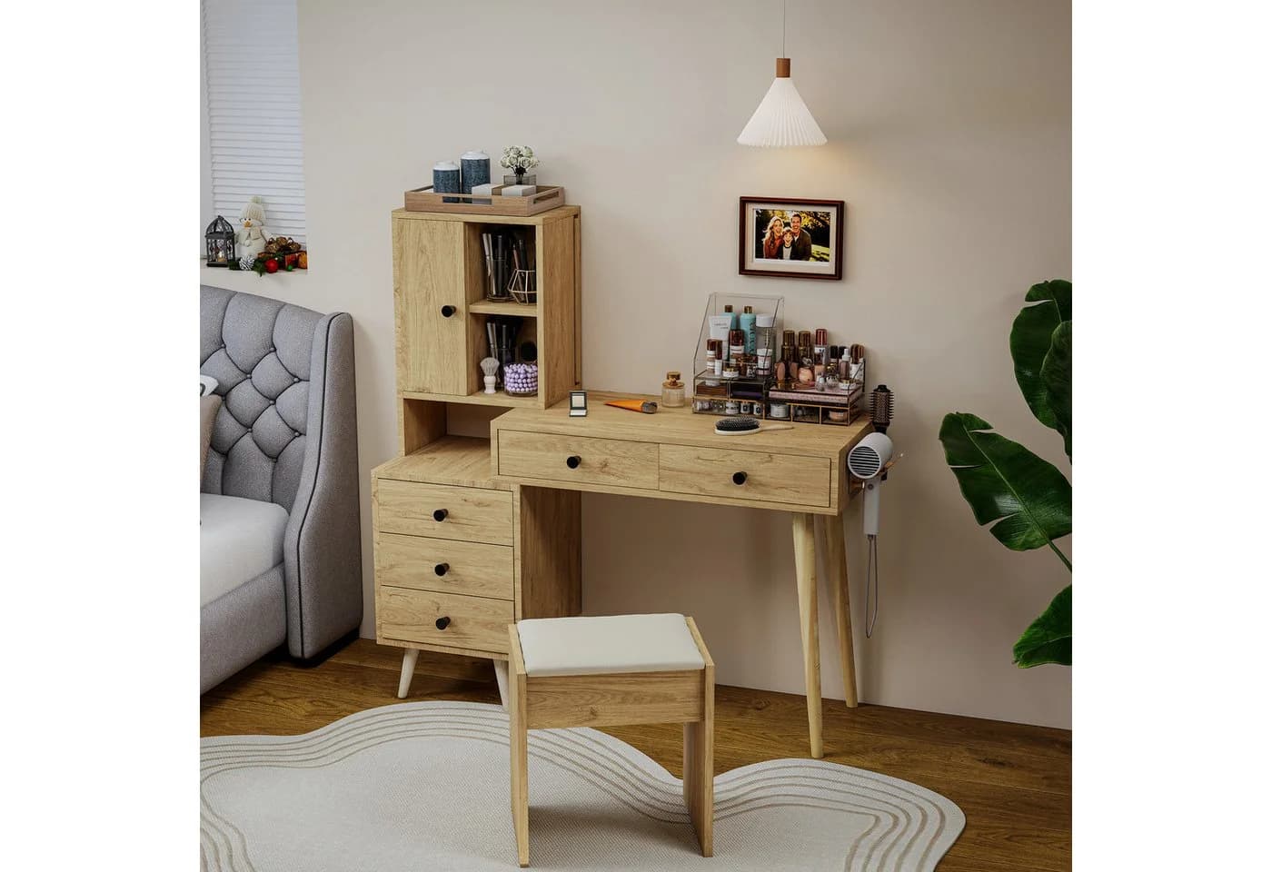LANKI Schminktisch mit Spiegel & 5 Schubladen Beige - Bild 3