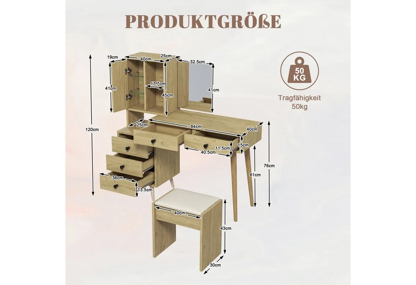 LANKI Schminktisch mit Spiegel & 5 Schubladen Beige - Bild 4