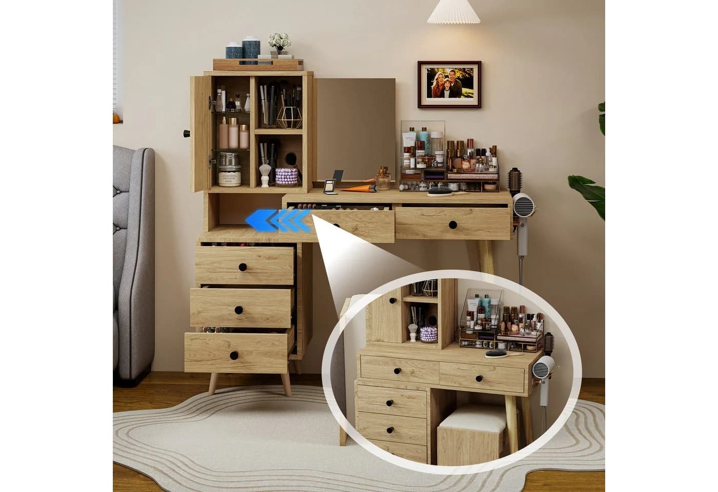 LANKI Schminktisch mit Spiegel & 5 Schubladen Beige - Bild 5