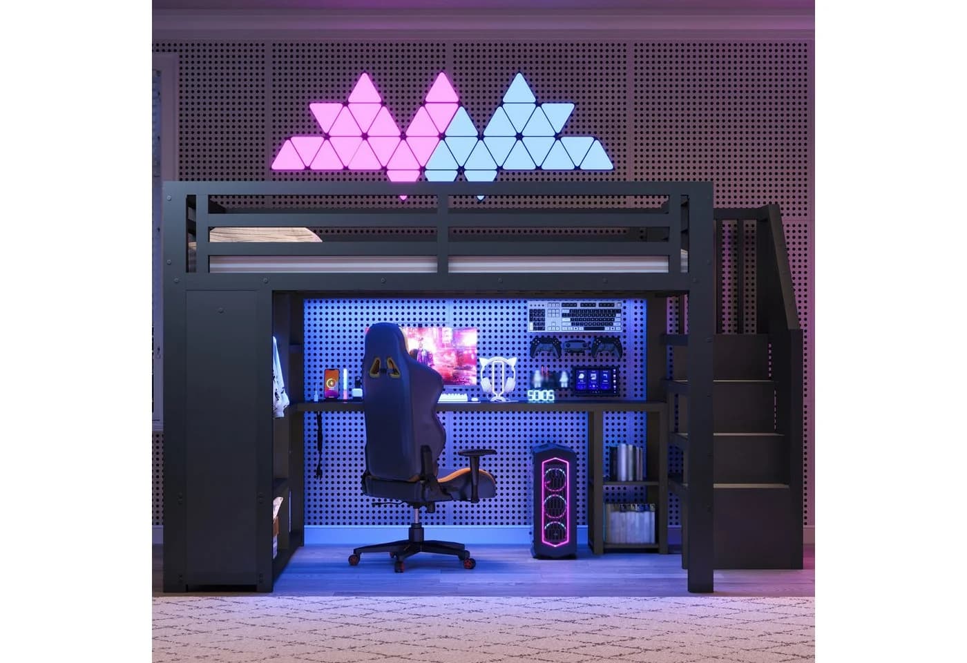 Odikalo Hochbett Metall mit LED USB Schreibtisch Schwarz Gaming