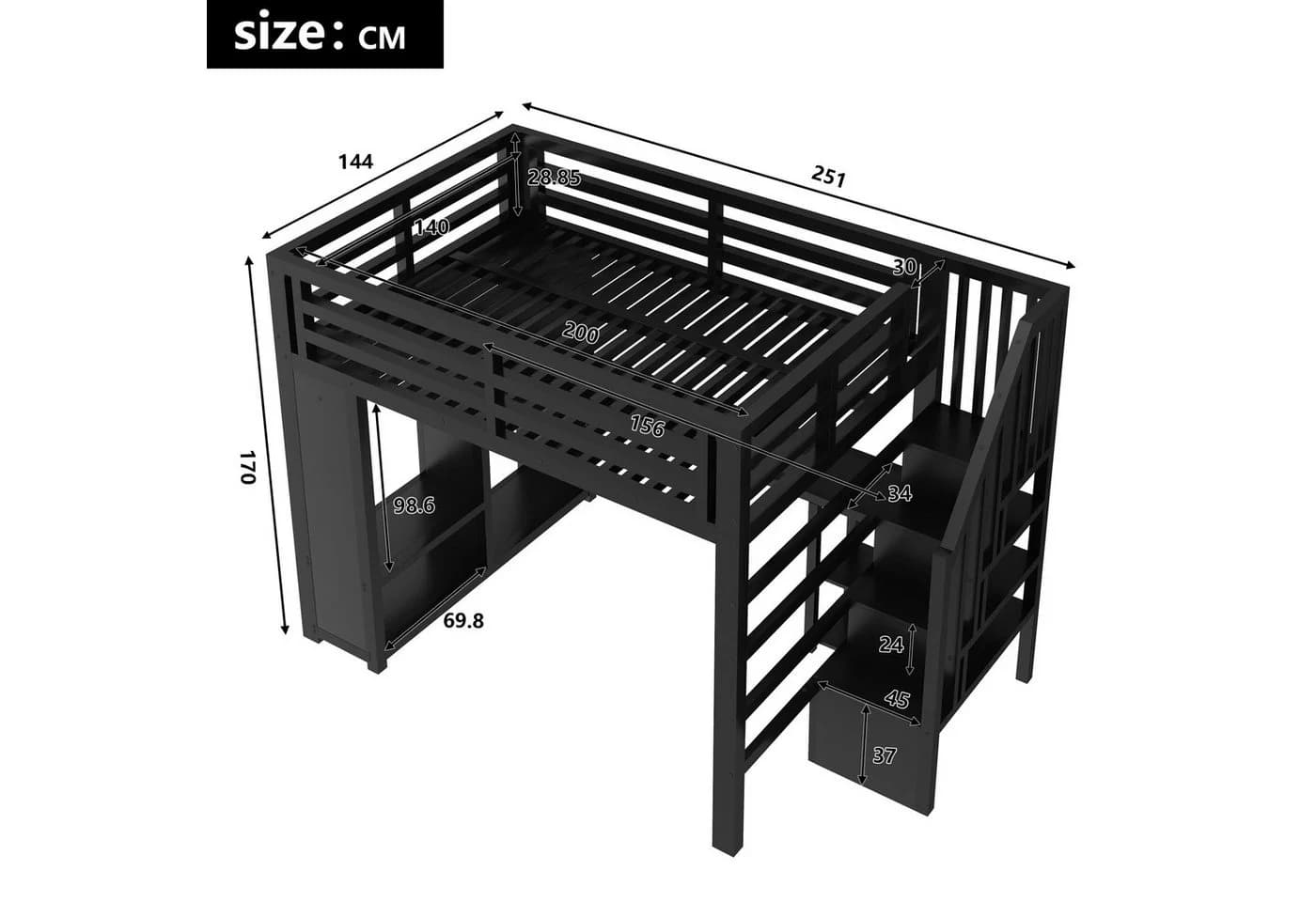 Odikalo Hochbett Metall mit LED USB Schreibtisch Schwarz Gaming - Bild 3