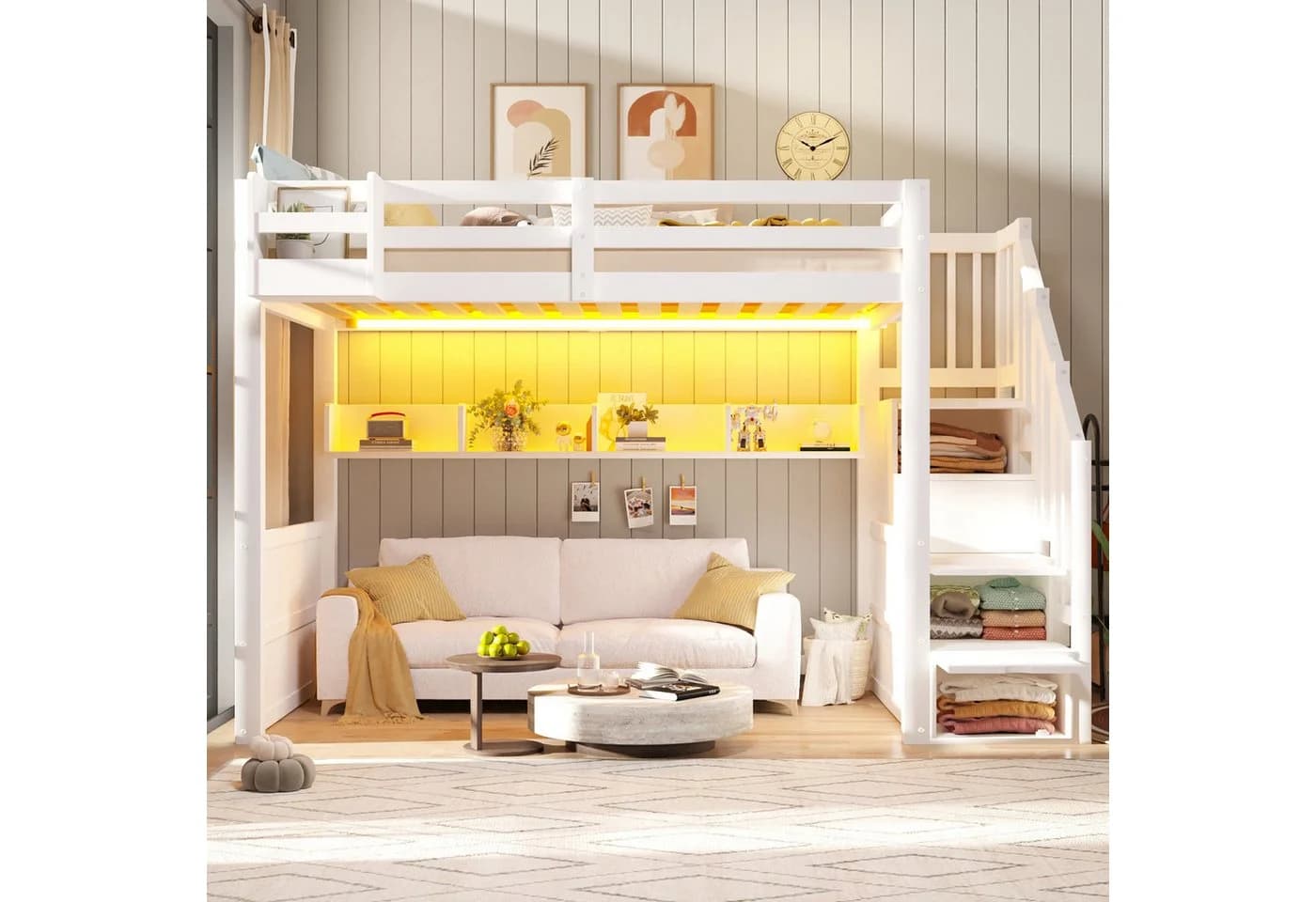 Odikalo Hochbett mit Stauraumtreppe und LED-Beleuchtung Weiß