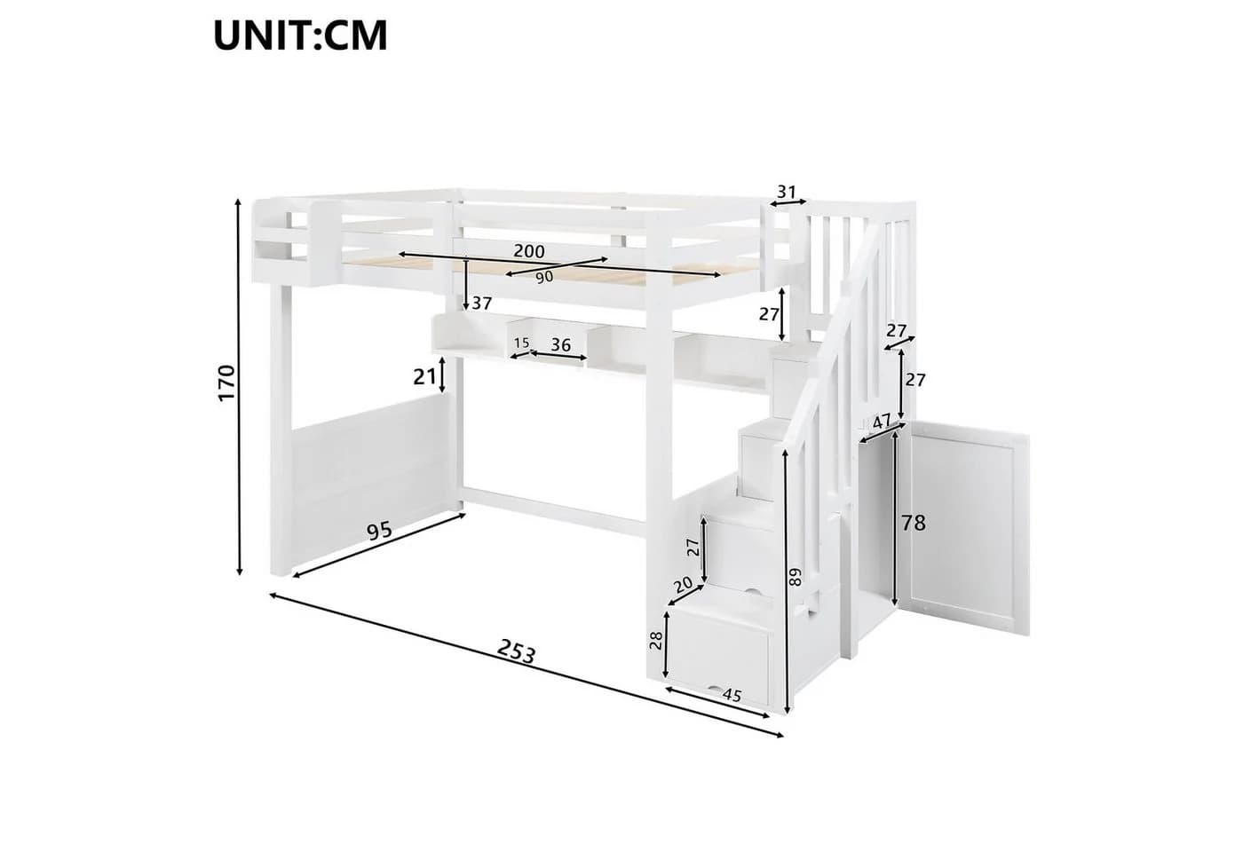 Odikalo Hochbett mit Stauraumtreppe und LED-Beleuchtung Weiß - Bild 3