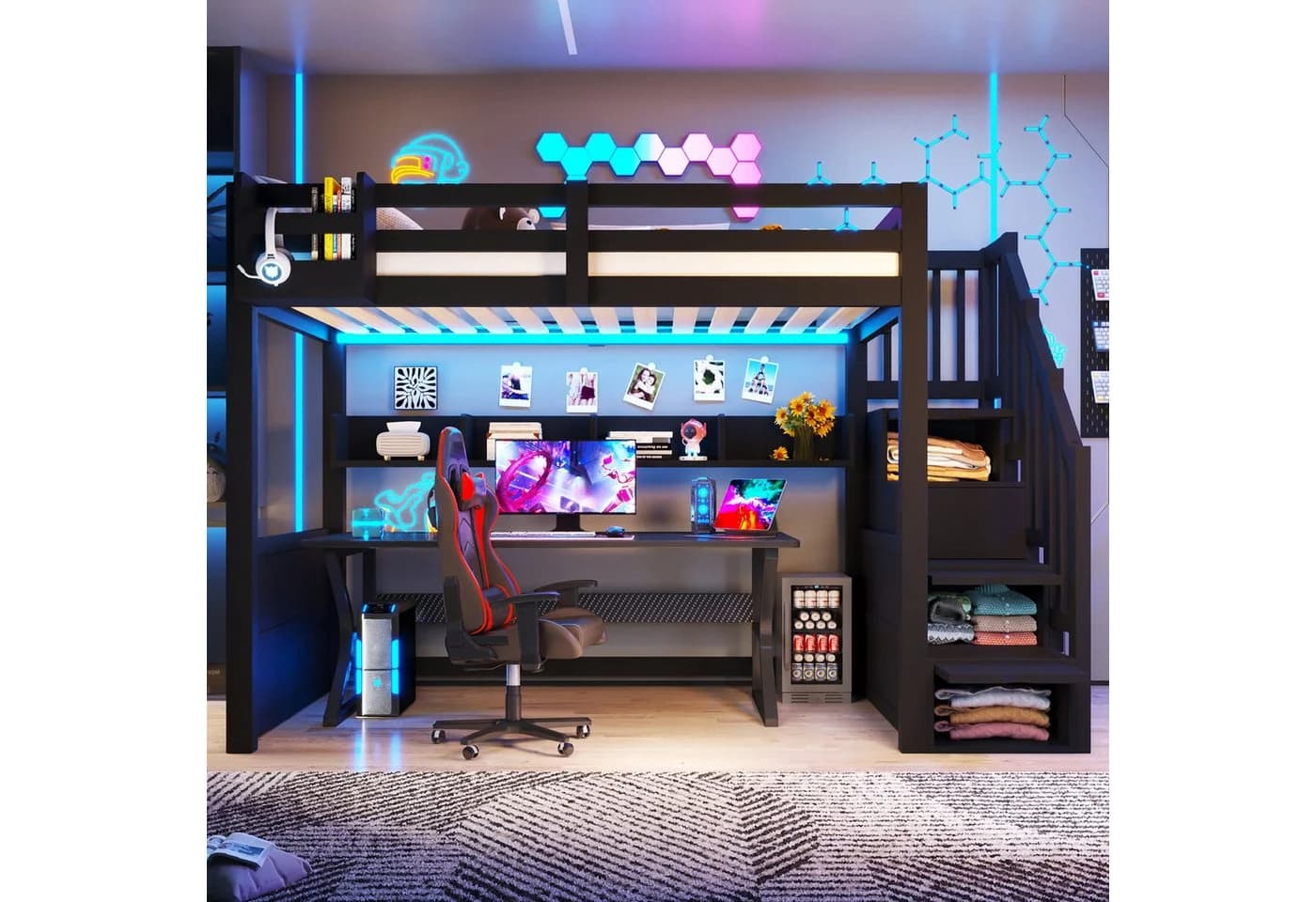 Odikalo Hochbett mit Stauraumtreppe und LED-Beleuchtung Schwarz