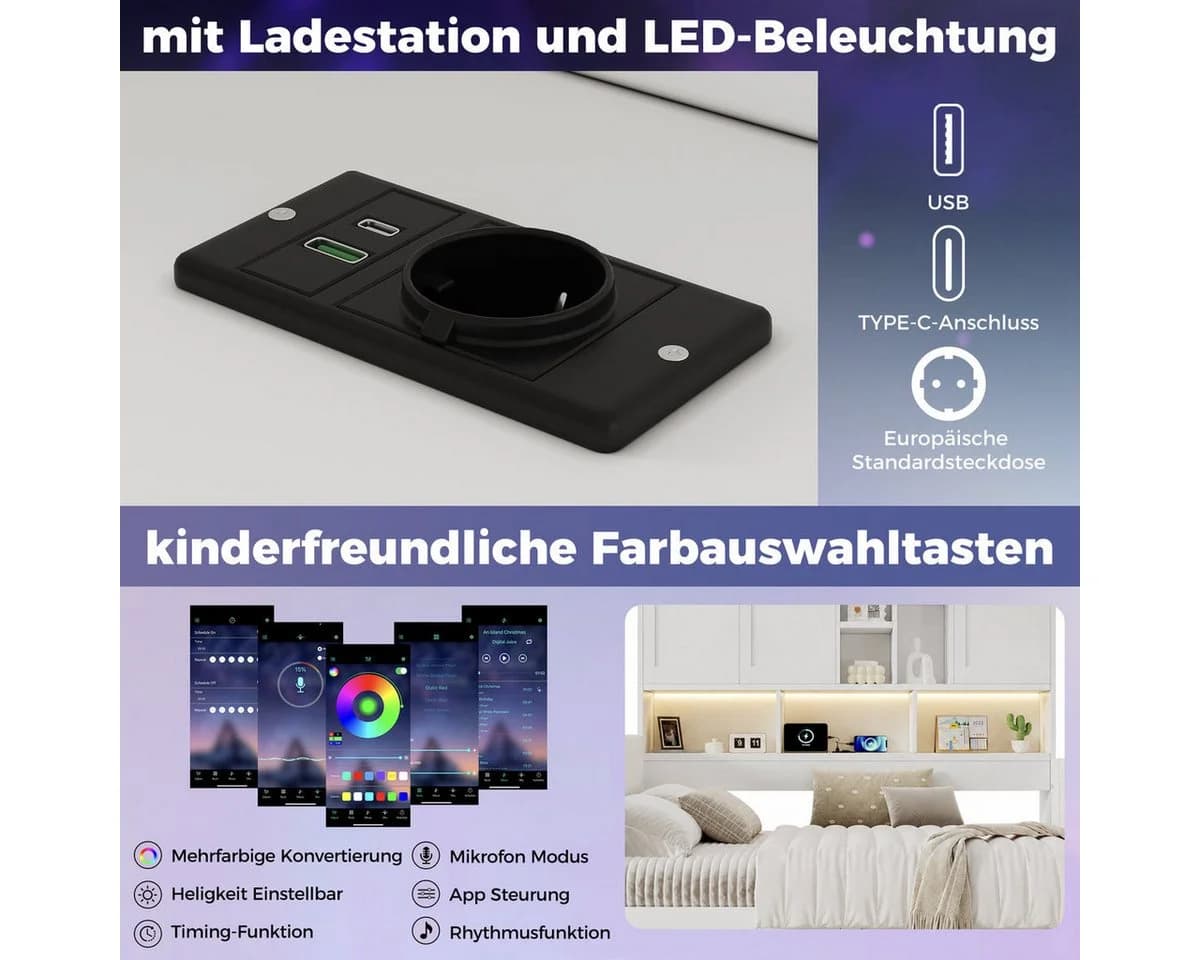 Odikalo Kinderbett 90x200 mit LED, USB, Stauraum und gepolstertem Kopfteil weiß - Bild 4