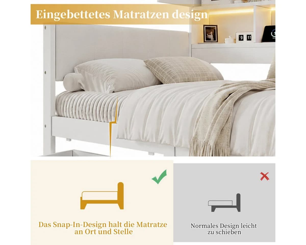 Odikalo Kinderbett 90x200 mit LED, USB, Stauraum und gepolstertem Kopfteil weiß - Bild 5
