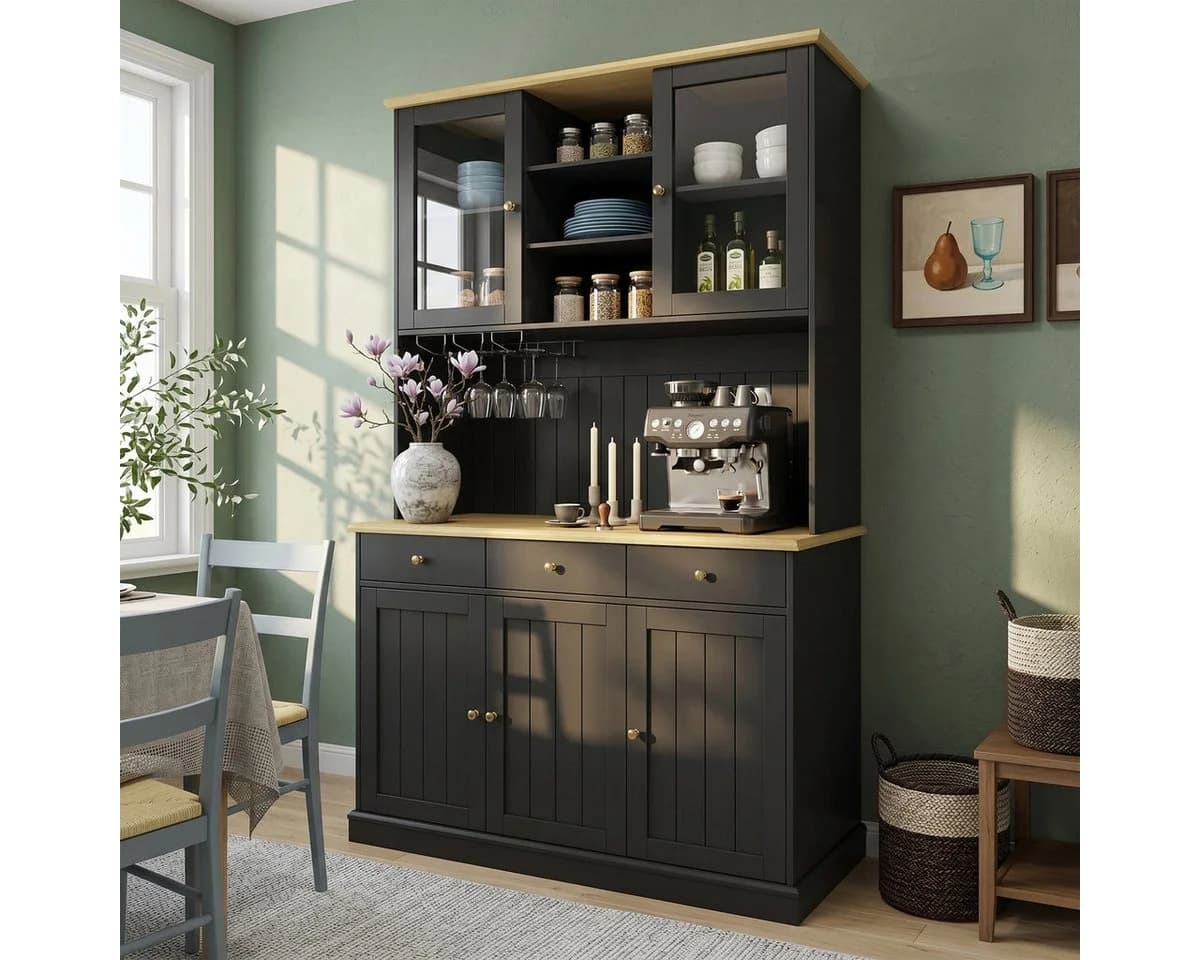 Odikalo Buffetschrank Schwarz mit USB, Glastüren & Gläserhalter - Bild 2