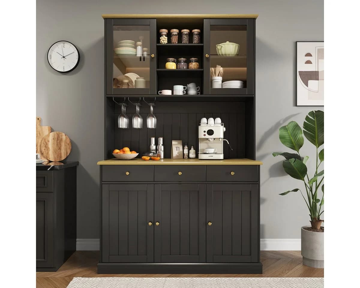 Odikalo Buffetschrank Schwarz mit USB, Glastüren & Gläserhalter - Bild 3