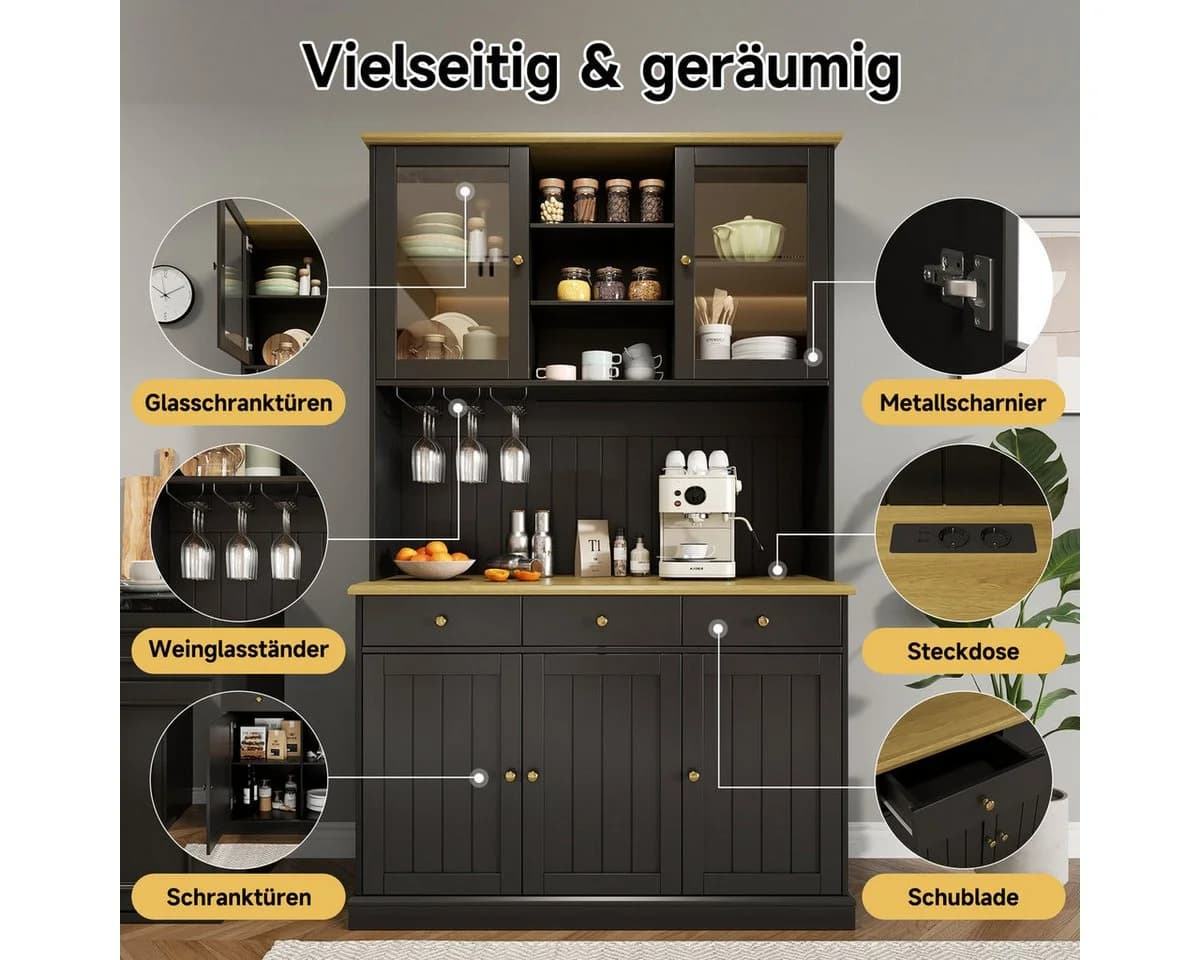 Odikalo Buffetschrank Schwarz mit USB, Glastüren & Gläserhalter - Bild 4