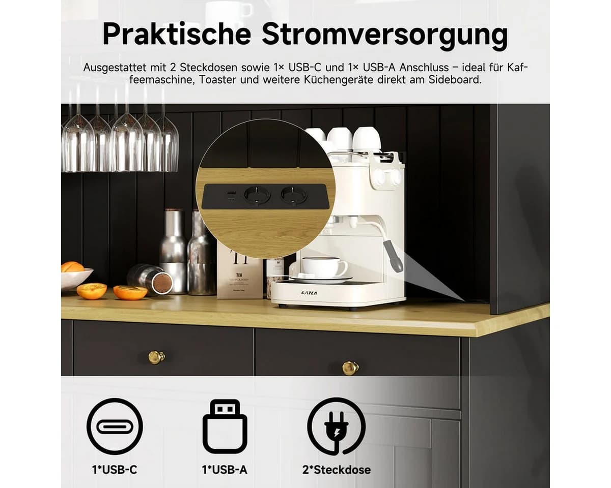 Odikalo Buffetschrank Schwarz mit USB, Glastüren & Gläserhalter - Bild 5