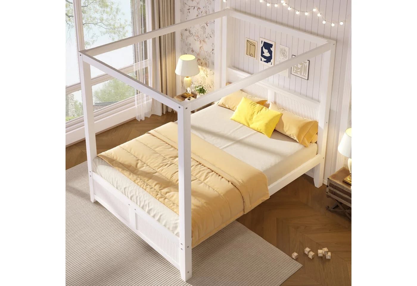 Odikalo Himmelbett aus Massivholz weiß mit Dachrahmen