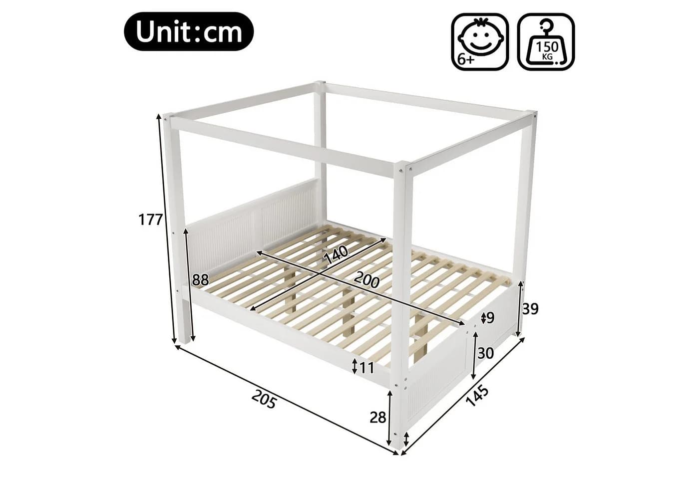 Odikalo Himmelbett aus Massivholz weiß mit Dachrahmen - Bild 3