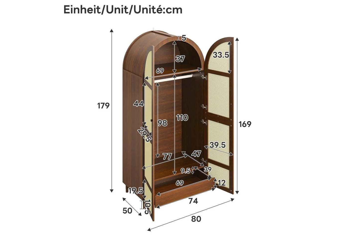 Odikalo Kleiderschrank mit gebogenen Rattan-Türen und Schubladen - Bild 3