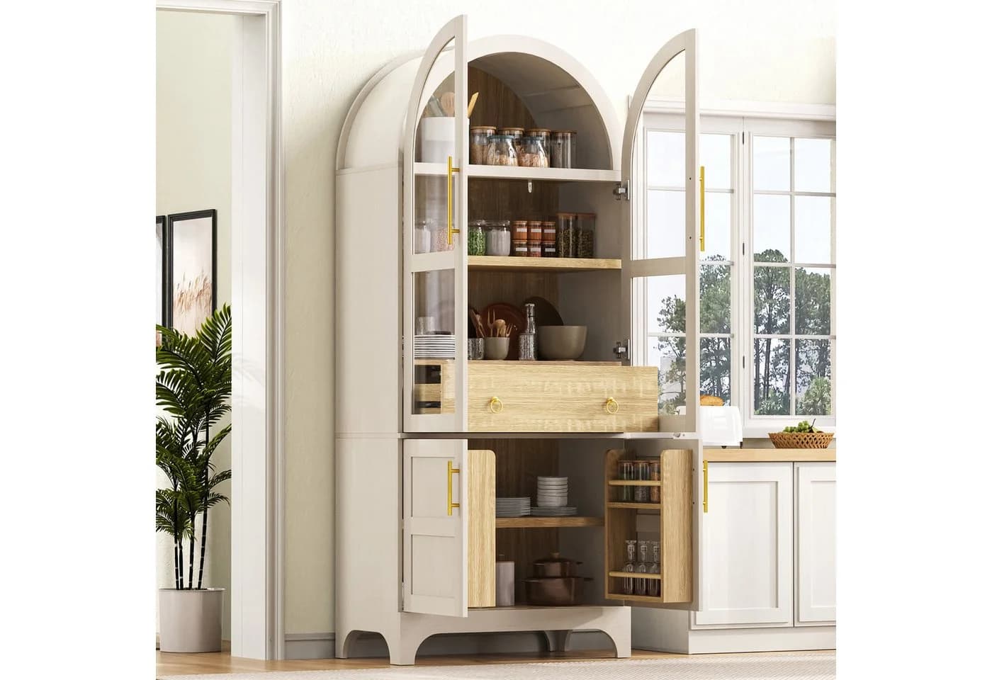 Odikalo Vitrine Hochschrank Weiß mit Glastüren und verstellbaren Regalböden - Bild 2