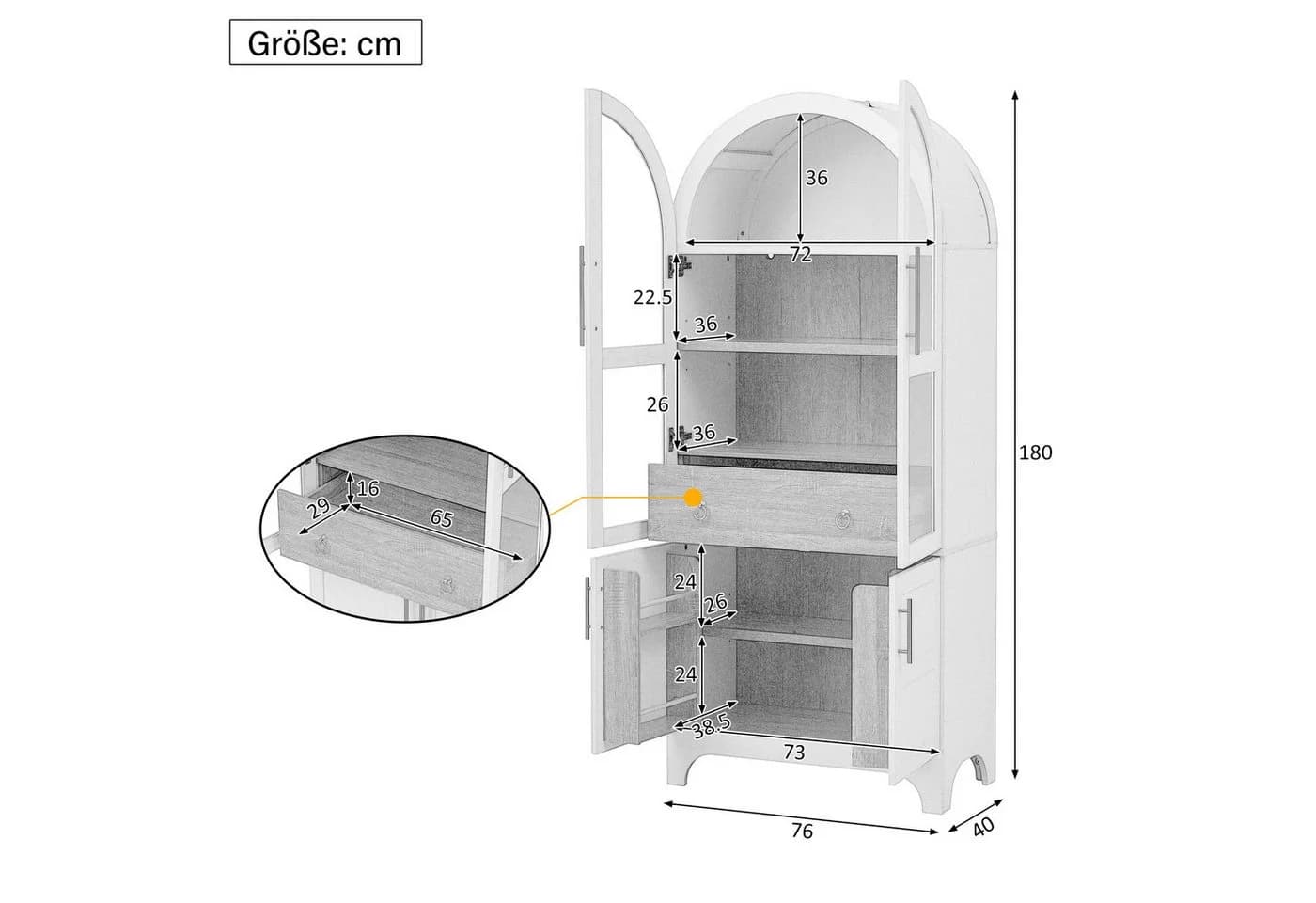 Odikalo Vitrine Hochschrank Weiß mit Glastüren und verstellbaren Regalböden - Bild 3