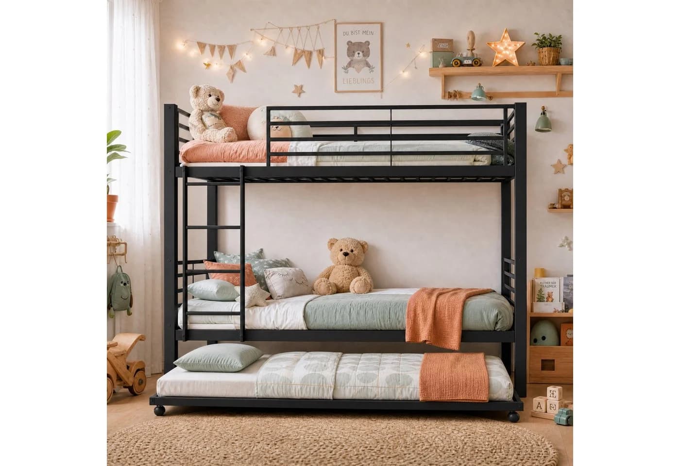 Odikalo Etagenbett Metall Schwarz 90x200 3-in-1 mit Trundle