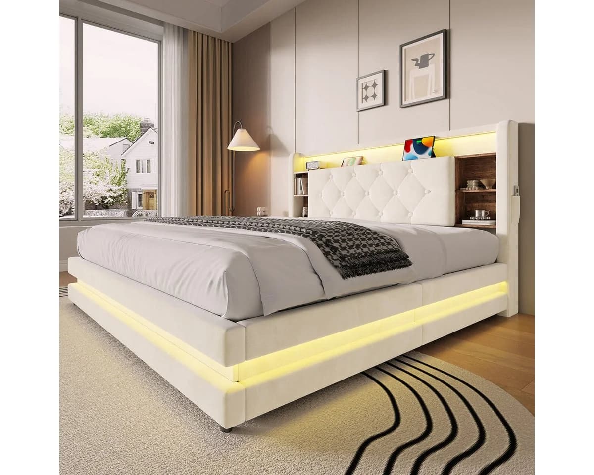 Odikalo Polsterbett Samt Beige mit Bettkasten, LED & USB-C