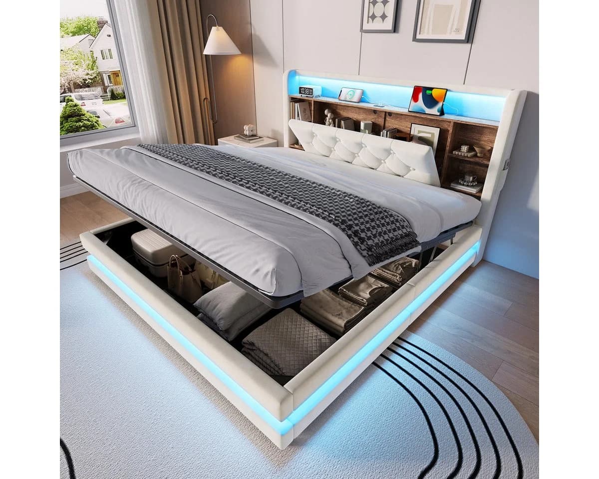 Odikalo Polsterbett Samt Beige mit Bettkasten, LED & USB-C - Bild 2