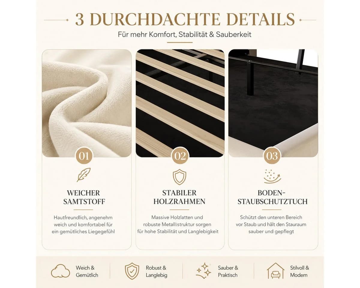 Odikalo Polsterbett Samt Beige mit Bettkasten, LED & USB-C - Bild 3
