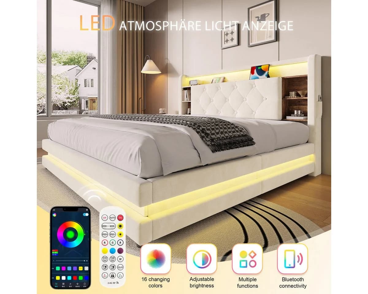 Odikalo Polsterbett Samt Beige mit Bettkasten, LED & USB-C - Bild 4