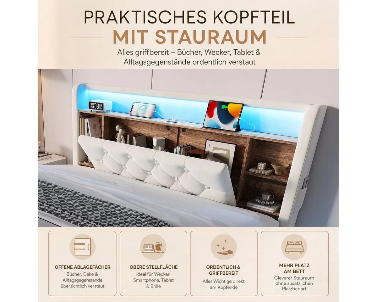 Odikalo Polsterbett Samt Beige mit Bettkasten, LED & USB-C - Bild 5