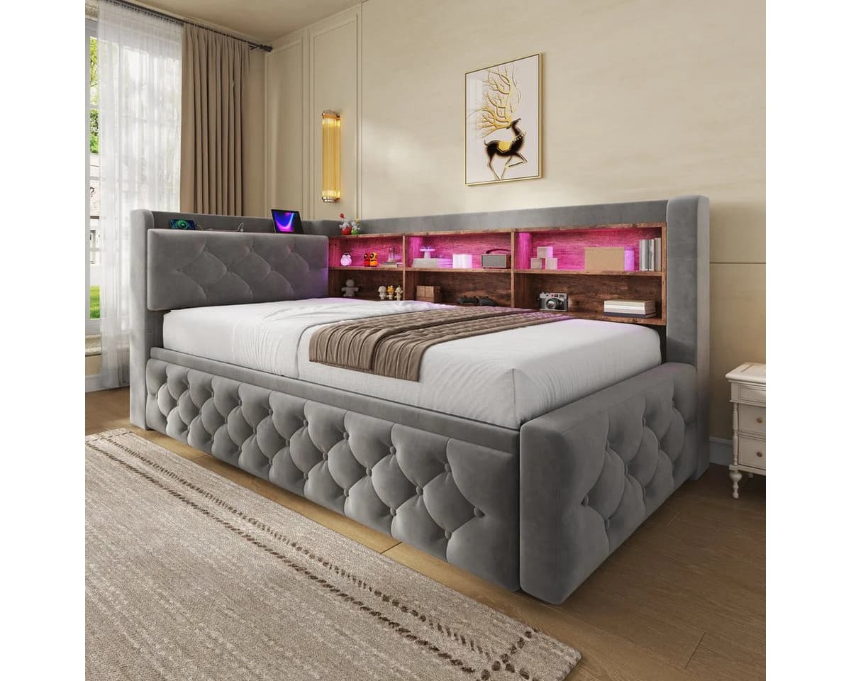 Odikalo Schlafsofa mit LED, USB-C & Stauraum, Samt grau
