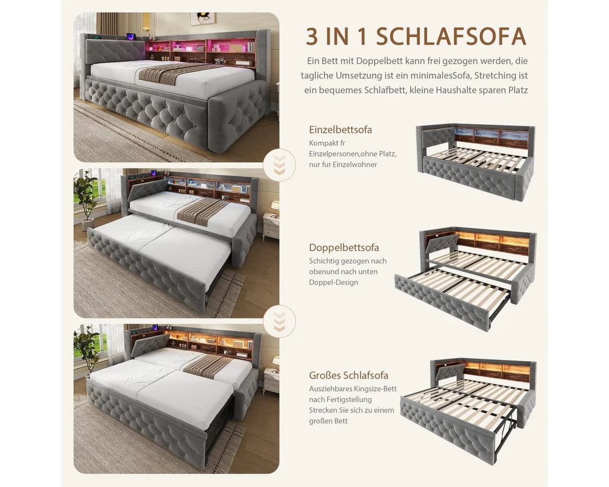 Odikalo Schlafsofa mit LED, USB-C & Stauraum, Samt grau - Bild 3