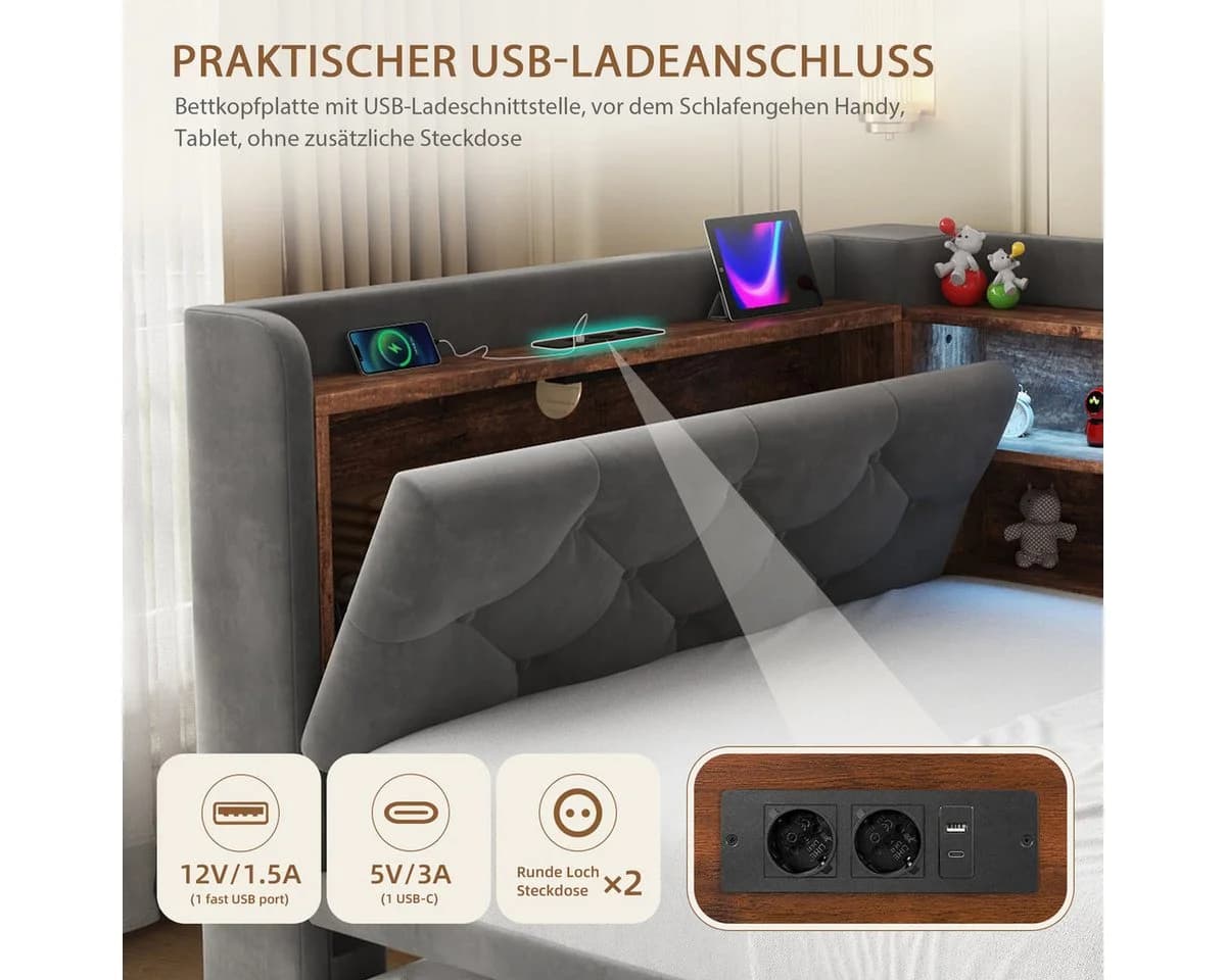 Odikalo Schlafsofa mit LED, USB-C & Stauraum, Samt grau - Bild 4