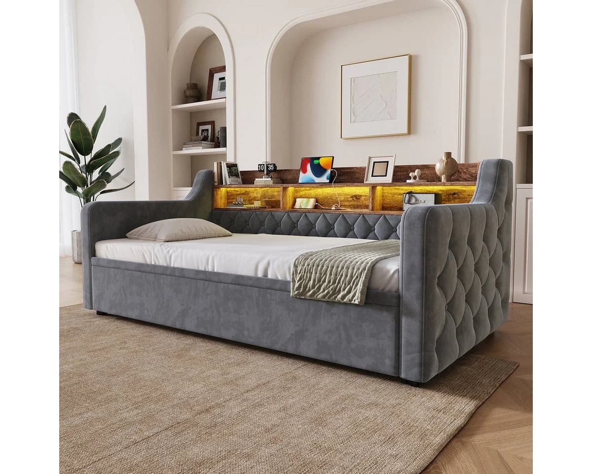 Odikalo Schlafsofa 90x190 mit LED, USB-C & Stauraum-Kopfteil Grau Samt