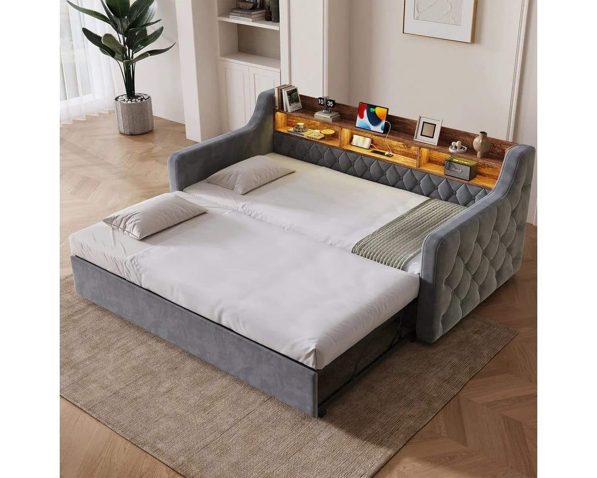 Odikalo Schlafsofa 90x190 mit LED, USB-C & Stauraum-Kopfteil Grau Samt - Bild 2