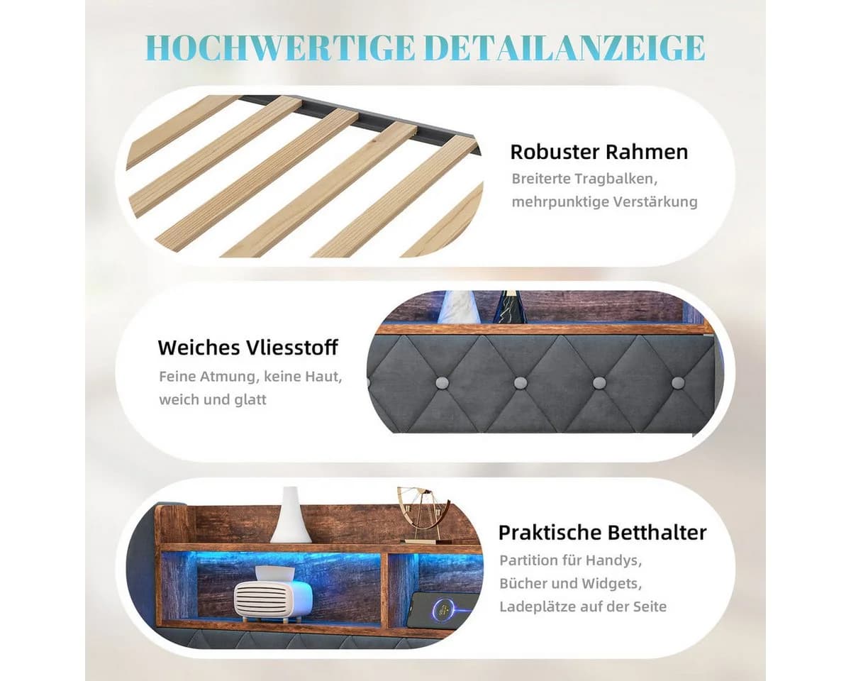 Odikalo Schlafsofa 90x190 mit LED, USB-C & Stauraum-Kopfteil Grau Samt - Bild 3