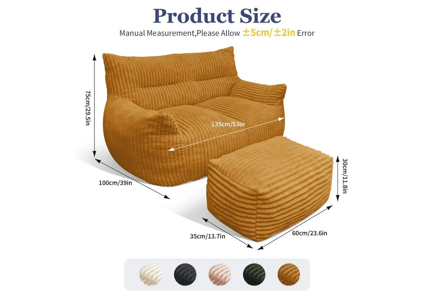 Odikalo 2-Sitzer Sitzsack mit Hocker Gelb Kunstfell - Bild 4