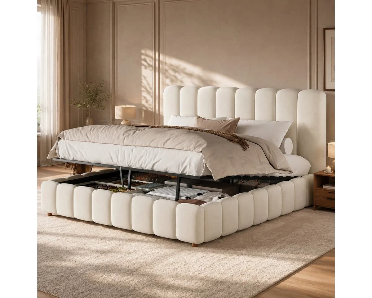 Odikalo Polsterbett Doppelbett mit Bettkasten und Lattenrost Beige
