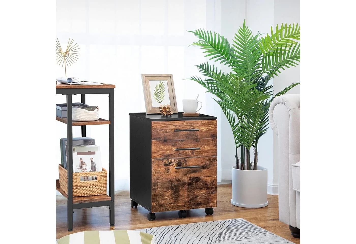 Hoobro Rollcontainer mit 3 Schubladen, Aktenschrank Industrie-Stil, abschließbar - Bild 5