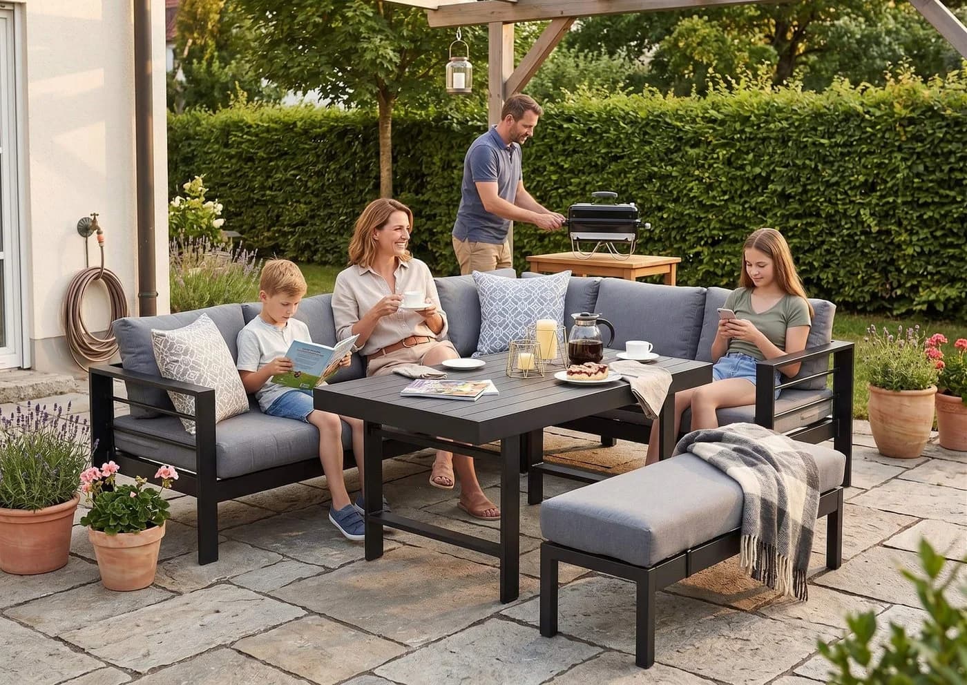 MeXo Gartenlounge-Set XXL 5-tlg. Aluminium Schwarz mit Kissen - Bild 3