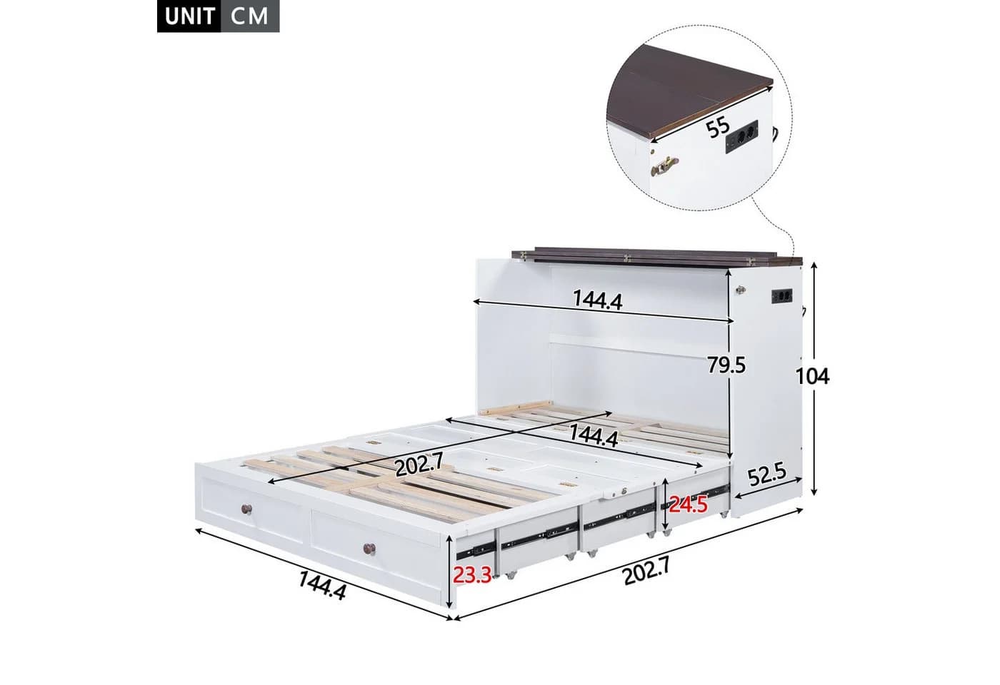 Odikalo Schrankbett 140x200 Weiß mit Schubladen und USB - Bild 5
