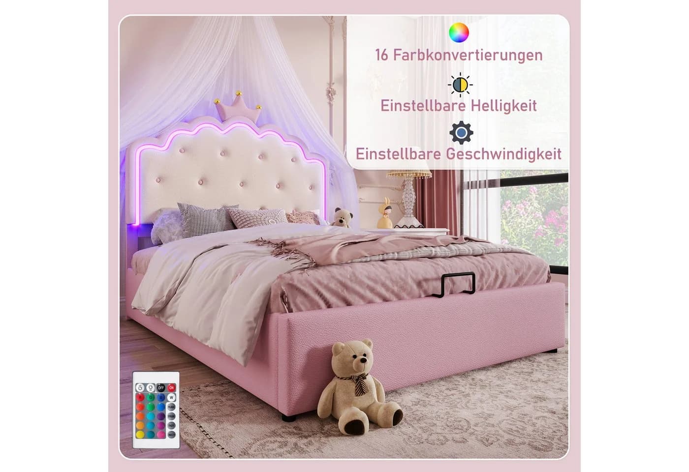 Odikalo Kinderbett Polsterbett Rosa mit LED & Bettkasten - Bild 5