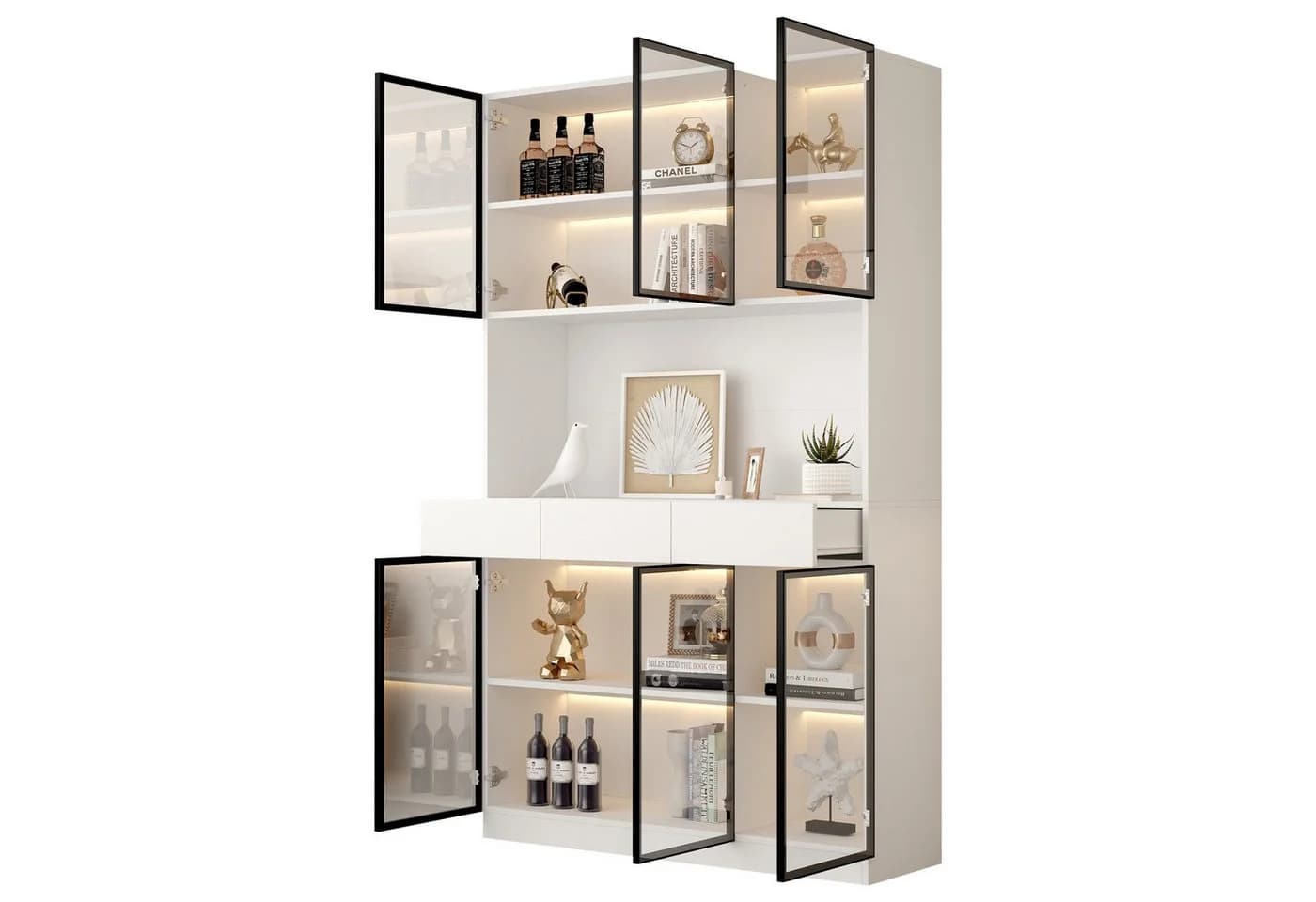 Odikalo Vitrine Schrank 200 cm hoch Multi Storage Bücherregal Weiß - Bild 2