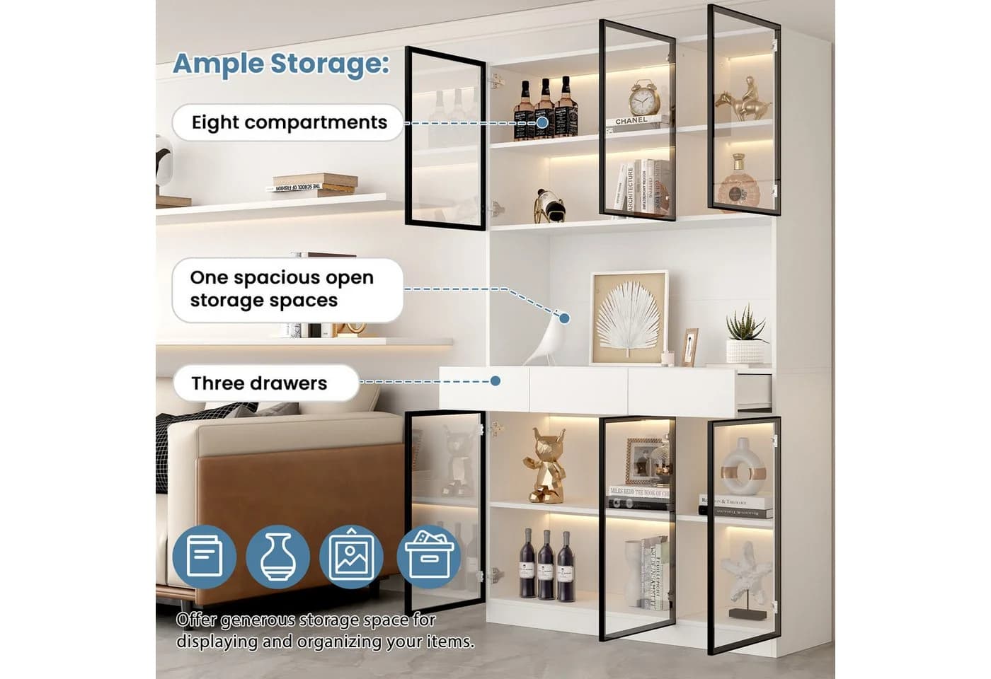 Odikalo Vitrine Schrank 200 cm hoch Multi Storage Bücherregal Weiß - Bild 3