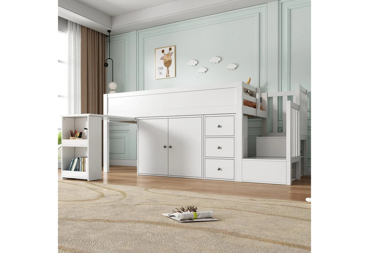 Odikalo Hochbett Kinderbett mit Ausziehbarem Schreibtisch Treppenschrank