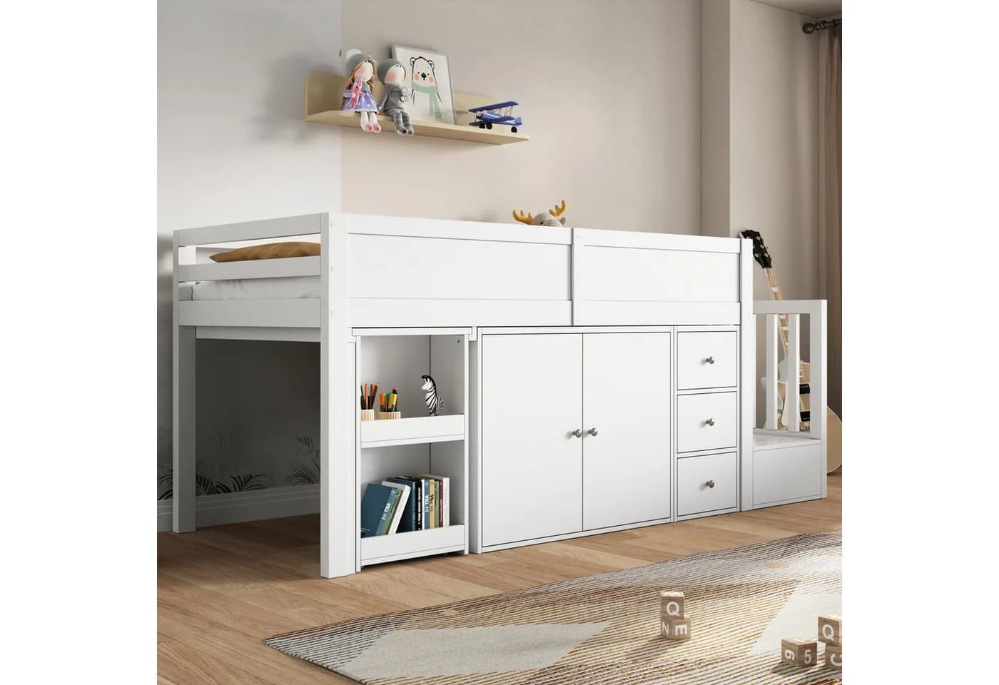 Odikalo Hochbett Kinderbett mit Ausziehbarem Schreibtisch Treppenschrank - Bild 2