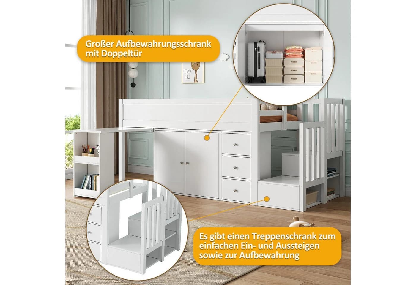 Odikalo Hochbett Kinderbett mit Ausziehbarem Schreibtisch Treppenschrank - Bild 4